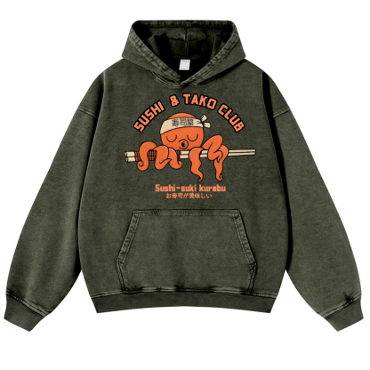 Sushi and Tako Octopus Vintage Washed Thick Cotton Hoodie
