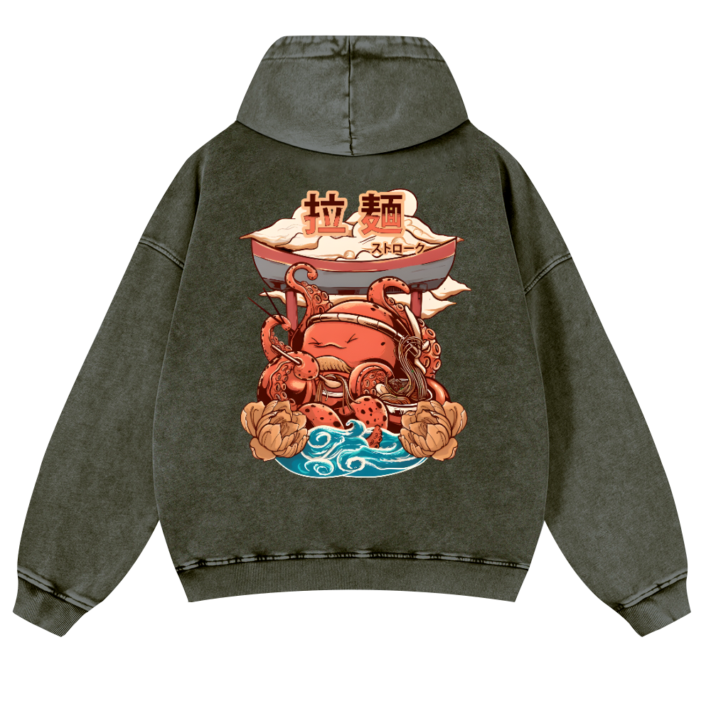 Ramen Octopus Vintage Washed Cotton Back Art Hoodie