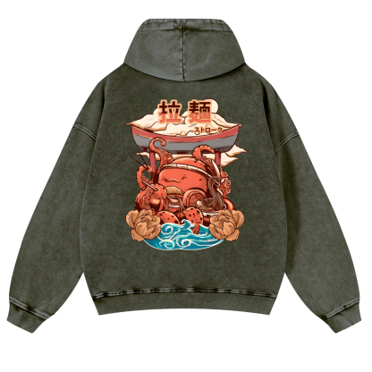 Ramen Octopus Vintage Washed Cotton Back Art Hoodie