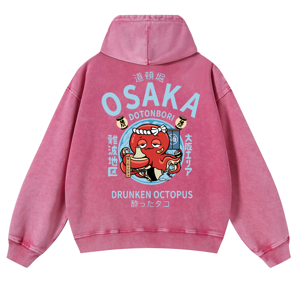 Osaka Dotonbori Drunken Octopus Vintage Washed Cotton Back Art Hoodie