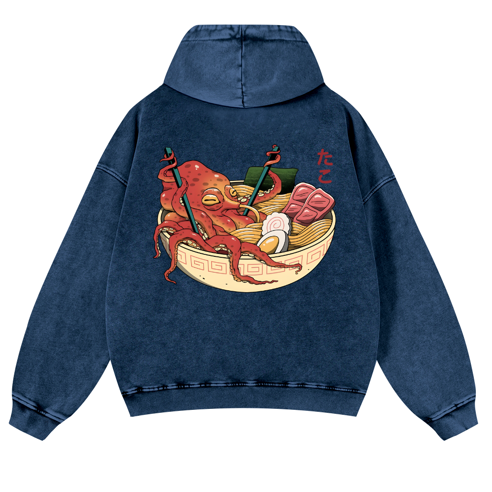 Ramen Octopus Vintage Washed Cotton Back Art Hoodie
