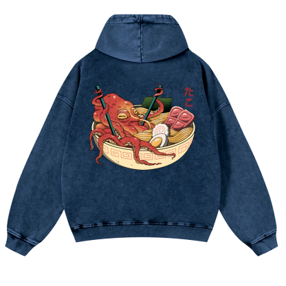 Ramen Octopus Vintage Washed Cotton Back Art Hoodie