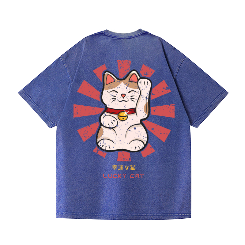 Lucky Cat Vintage Wash Japanese Design Back Art T-Shirt