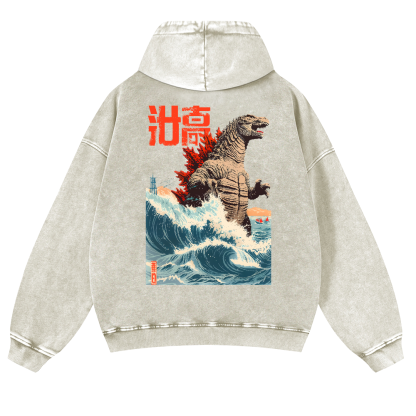 Godzilla Wave Vintage Washed Cotton Back Art Hoodie