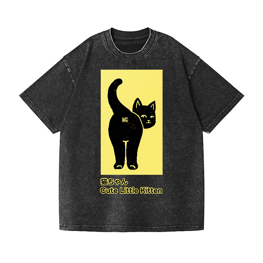 Cute Little Kitten Black Cat Vintage Wash Japanese Design T-Shirt