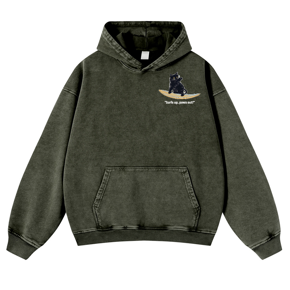 Black Cat Great Wave Vintage Washed Cotton Back Art Hoodie