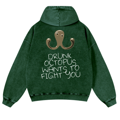 Drunken Octopus Vintage Washed Cotton Back Art Hoodie