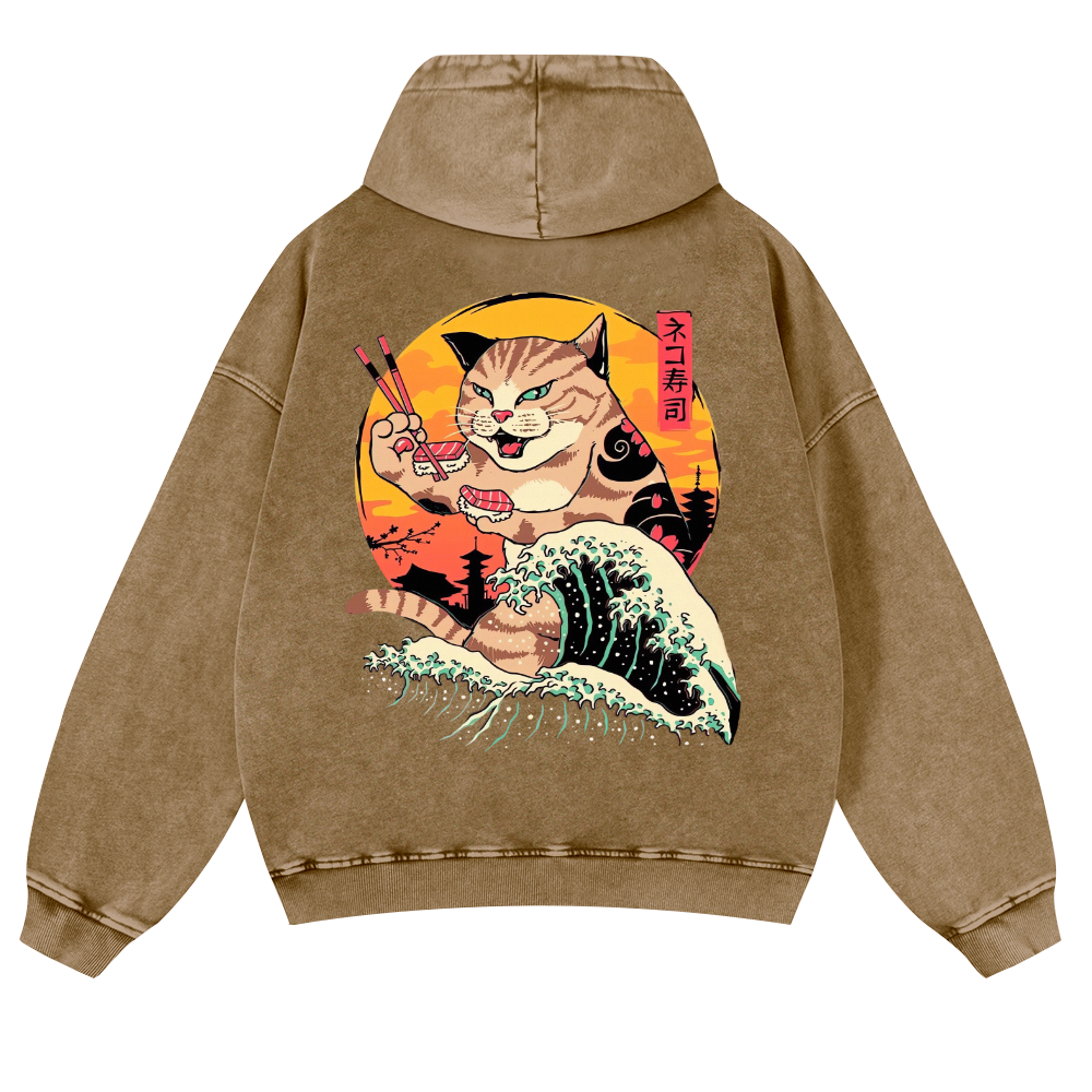 Ukiyoe Cat Vintage Washed Cotton Back Art Hoodie