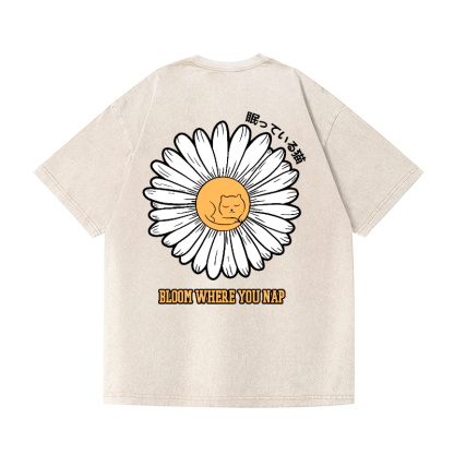Daisy Cat Vintage Wash Japanese Design Back Art T-Shirt