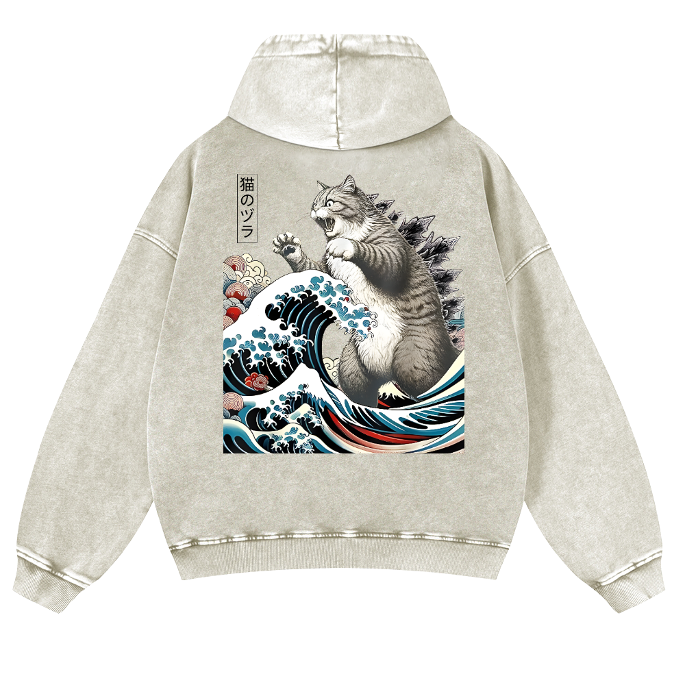 Cat Godzilla Ukiyoe Great Wave Vintage Washed Cotton Back Art Hoodie