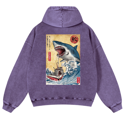 Shark Ukiyoe Vintage Washed Cotton Back Art Hoodie