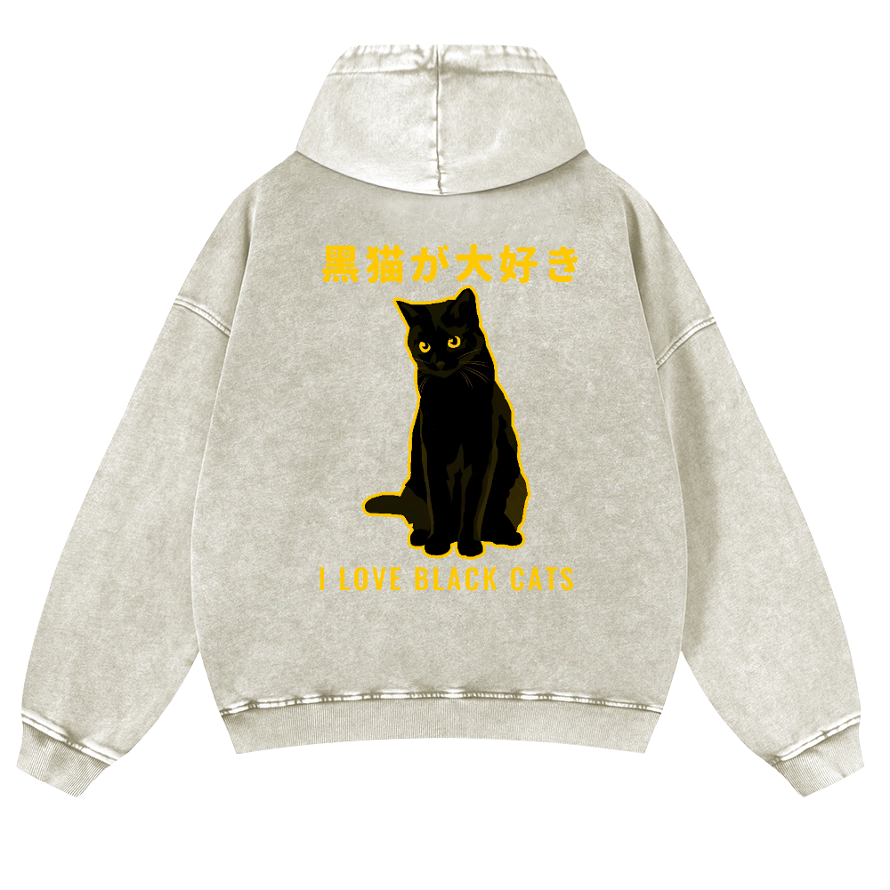 Black Cat Vintage Washed Cotton Back Art Hoodie