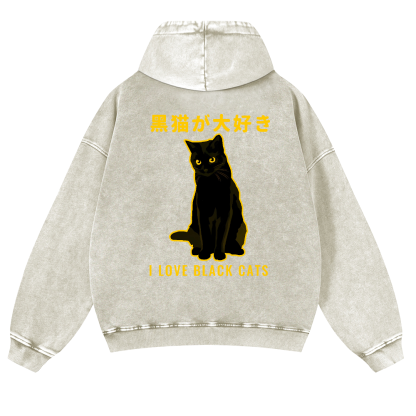 Black Cat Vintage Washed Cotton Back Art Hoodie