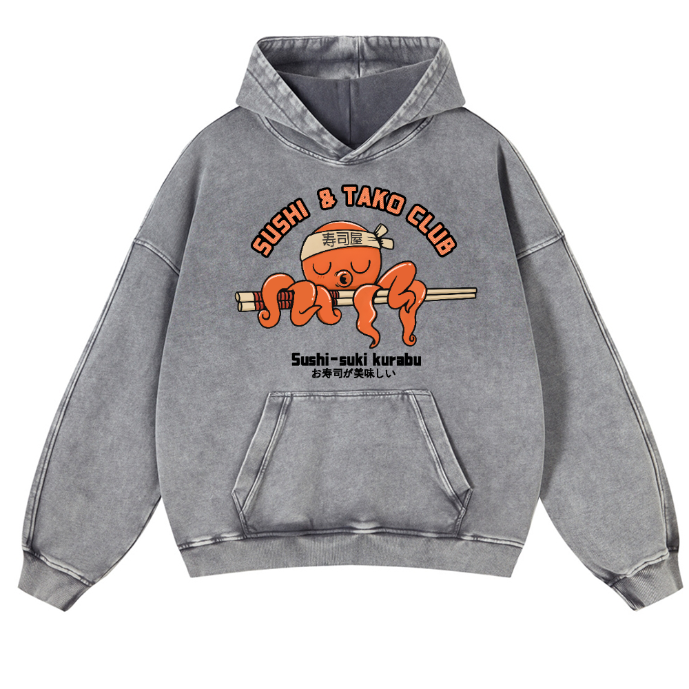 Sushi and Tako Octopus Vintage Washed Thick Cotton Hoodie