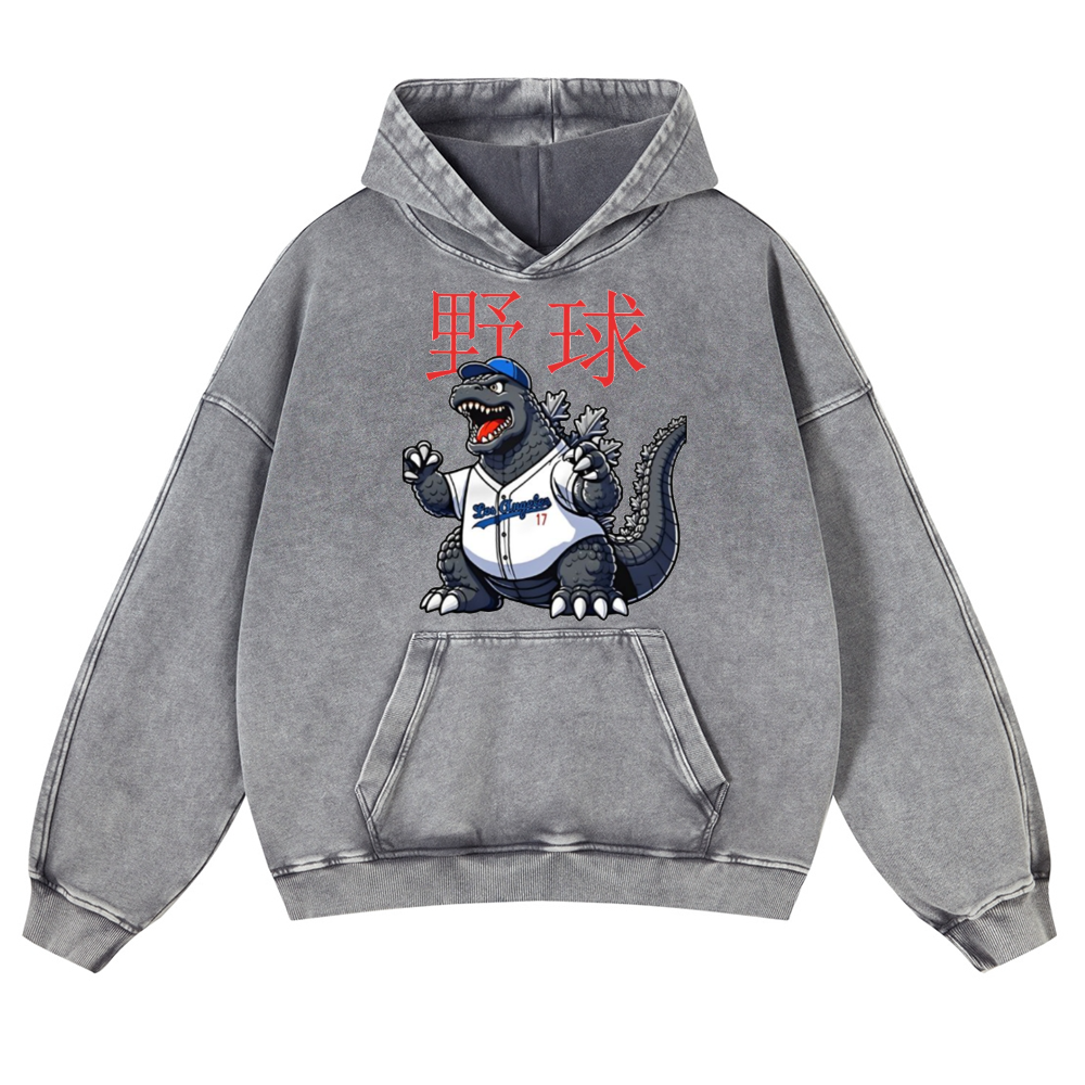 Godzilla's Baseball Adventure Vintage Washed Thick Cotton Hoodie