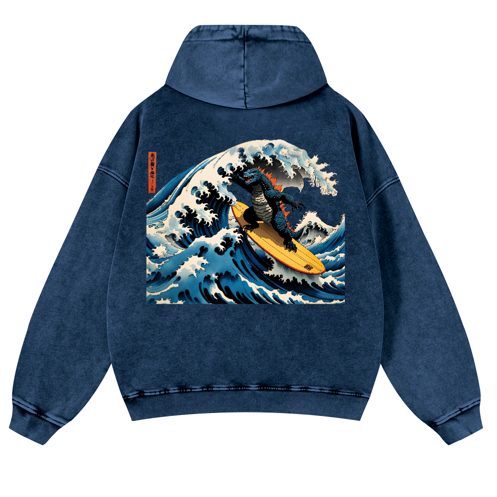 Godzilla Ukiyoe Wave Vintage Washed Cotton Back Art Hoodie
