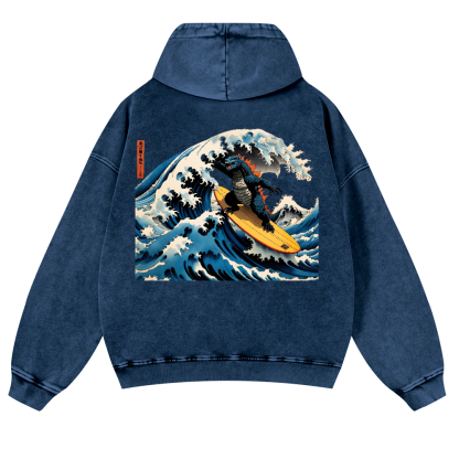 Godzilla Ukiyoe Wave Vintage Washed Cotton Back Art Hoodie
