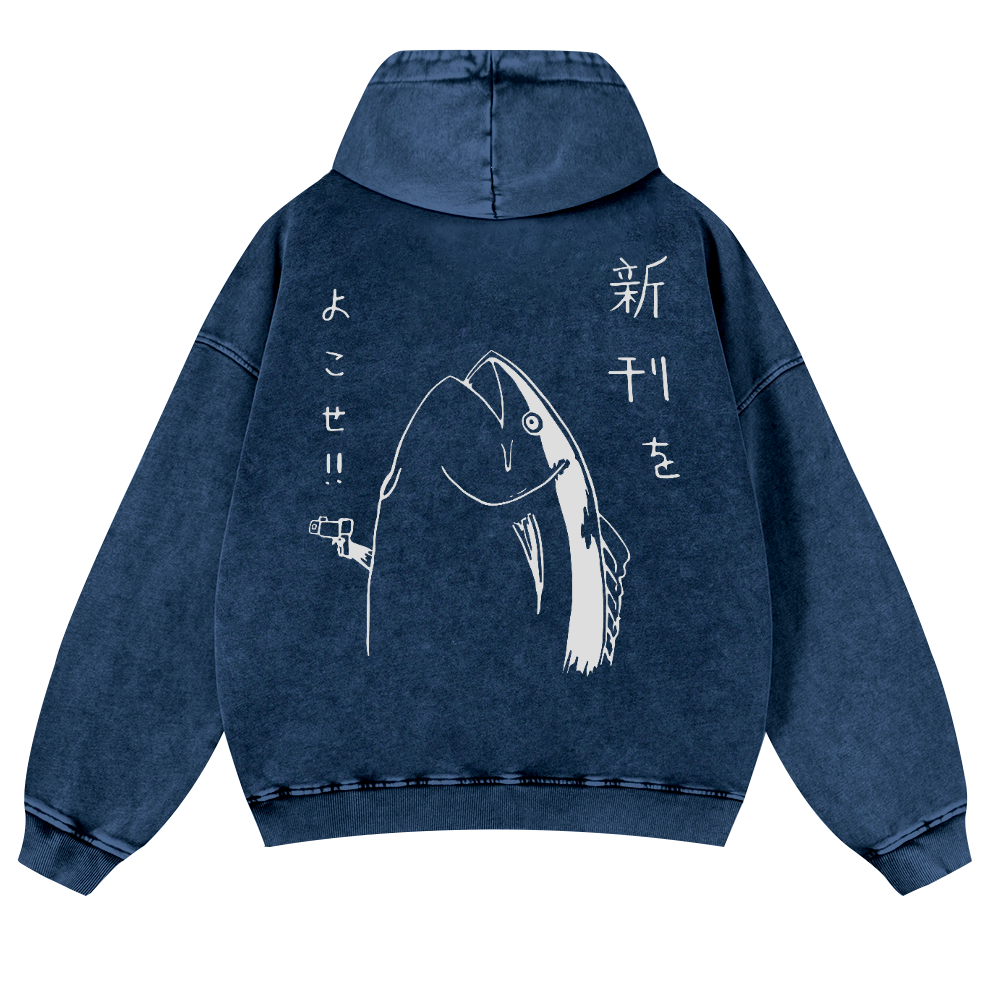 Fish Vintage Washed Cotton Back Art Hoodie