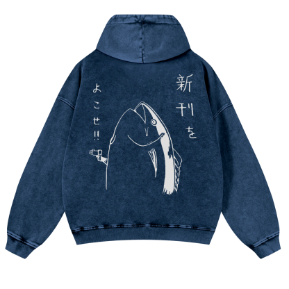 Fish Vintage Washed Cotton Back Art Hoodie