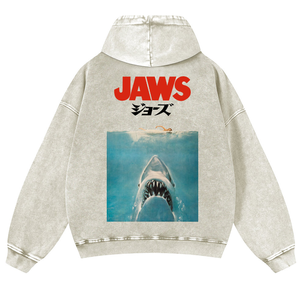 Jaws Shark Vintage Washed Cotton Back Art Hoodie