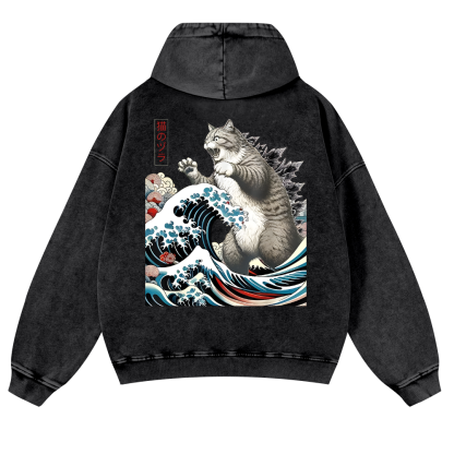 Cat Godzilla Ukiyoe Great Wave Vintage Washed Cotton Back Art Hoodie