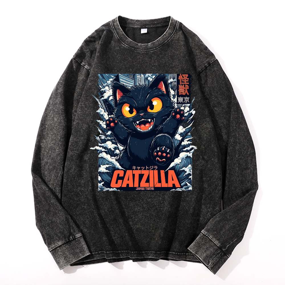 Catzilla Cat Godzilla Vintage Cotton Wash Crewneck Sweatshirt