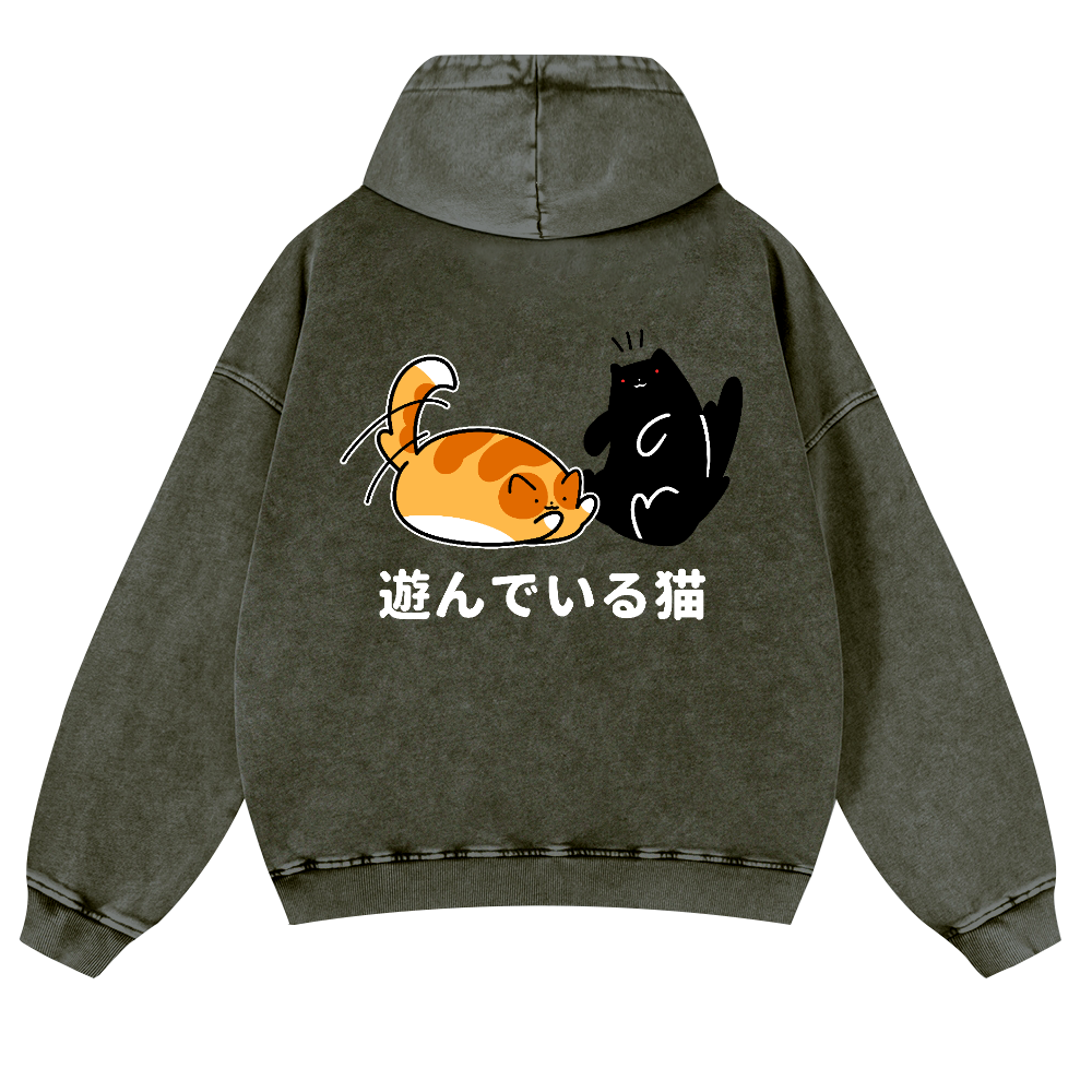 Cat Vintage Washed Cotton Back Art Hoodie