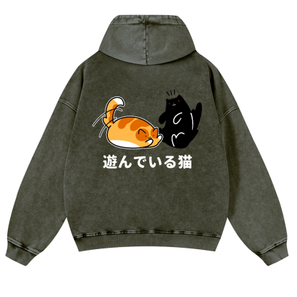 Cat Vintage Washed Cotton Back Art Hoodie