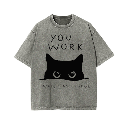 Cat Watching Your Work Vintage Wash Japanese Design T-Shirt