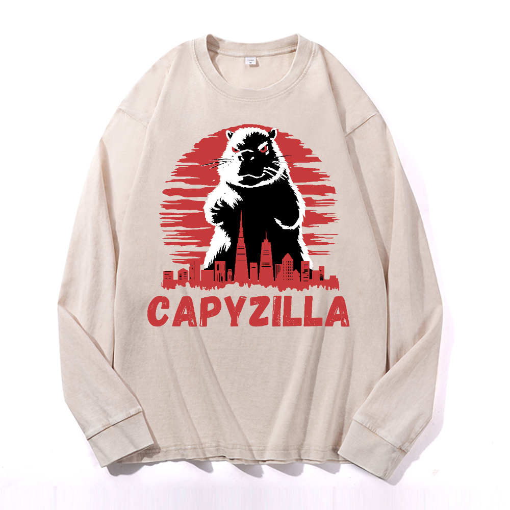 Capybara Godzilla Capyzilla Vintage Cotton Wash Crewneck Sweatshirt