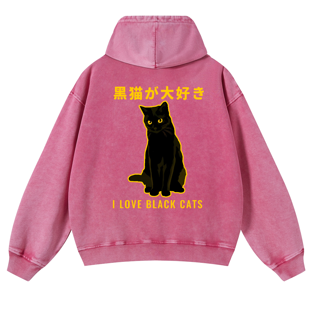 Black Cat Vintage Washed Cotton Back Art Hoodie