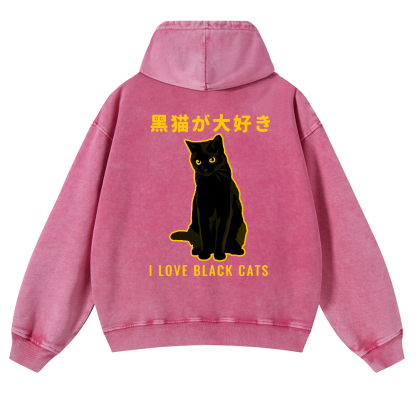 Black Cat Vintage Washed Cotton Back Art Hoodie