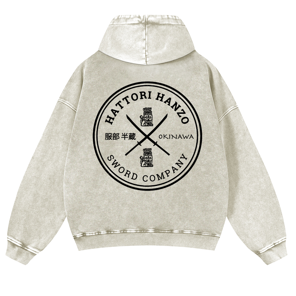 Hattori Hanzo Komainu Okinawa Sword Company Vintage Washed Cotton Back Art Hoodie