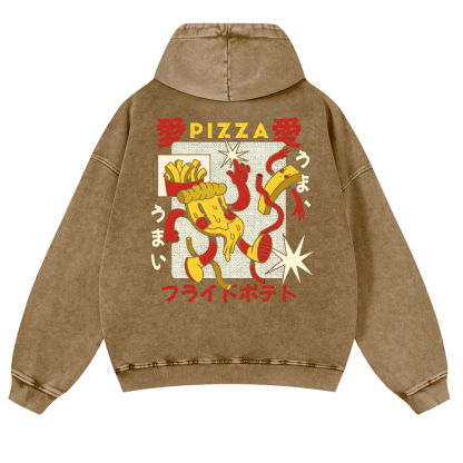 Japanese Pizza and French Fries Vintage Washed Cotton Back Art Hoodie