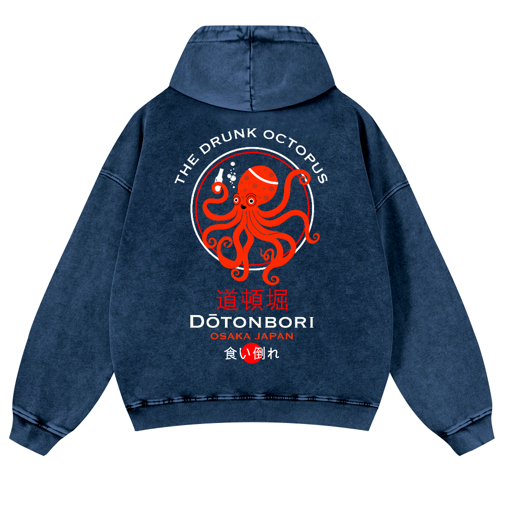 The Drunk Octopus Dotonbori Osaka Japan Vintage Washed Cotton Back Art Hoodie