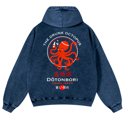 The Drunk Octopus Dotonbori Osaka Japan Vintage Washed Cotton Back Art Hoodie