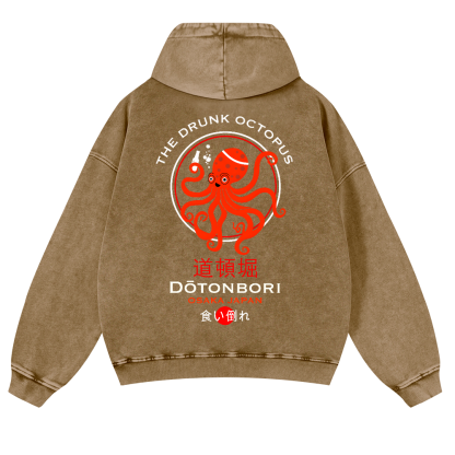 The Drunk Octopus Dotonbori Osaka Japan Vintage Washed Cotton Back Art Hoodie
