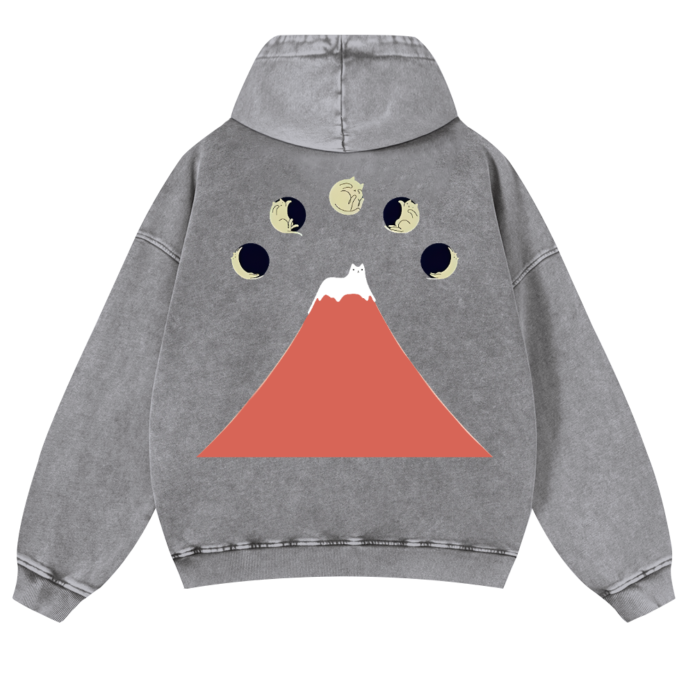 Mount Fuji Cat Moon Vintage Washed Cotton Back Art Hoodie