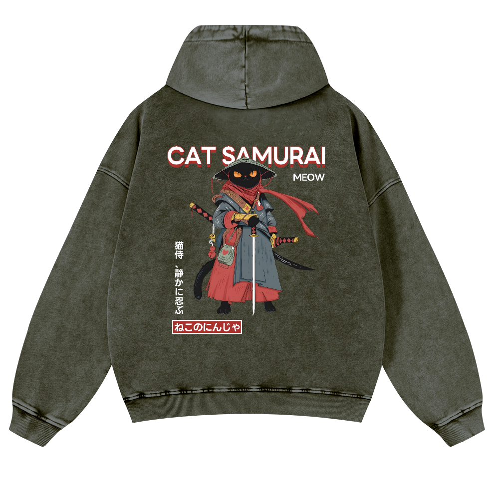 Cat Samurai Vintage Washed Cotton Back Art Hoodie