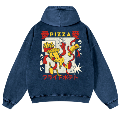 Japanese Pizza and French Fries Vintage Washed Cotton Back Art Hoodie