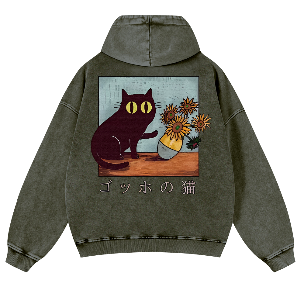 Cat Vintage Washed Cotton Back Art Hoodie