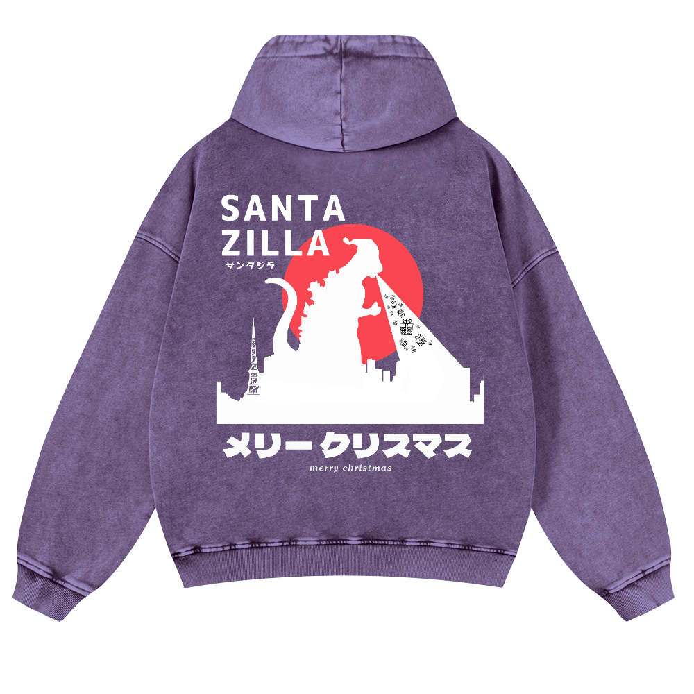 Christmas Godzilla Vintage Washed Cotton Back Art Hoodie