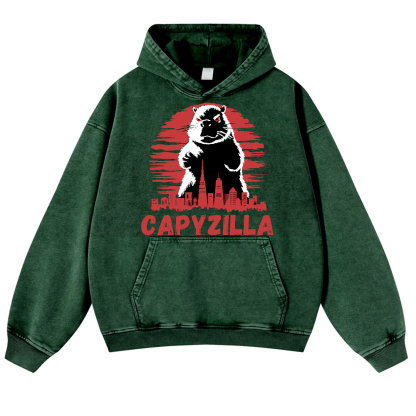 Capybara Godzilla Capyzilla Vintage Washed Thick Cotton Hoodie
