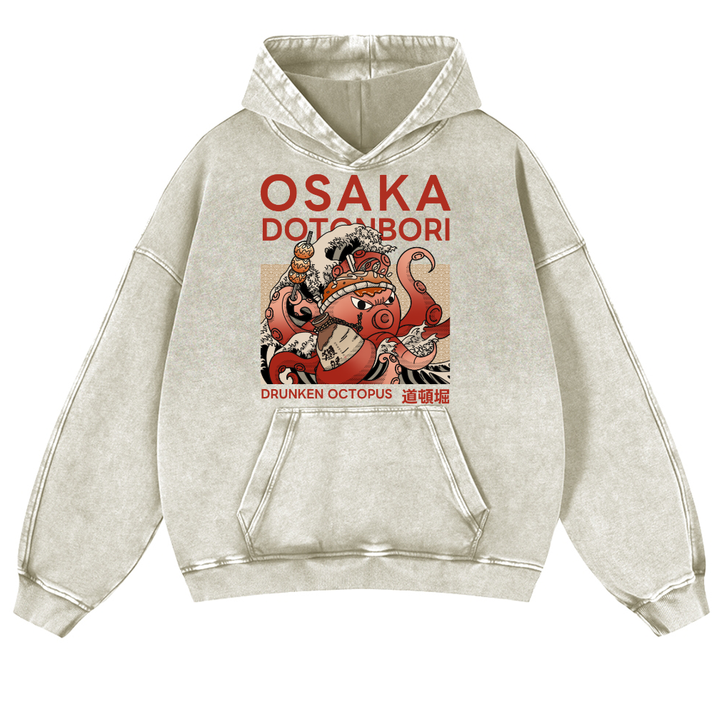 Osaka Dotonbori Drunken Octopus Vintage Washed Thick Cotton Hoodie