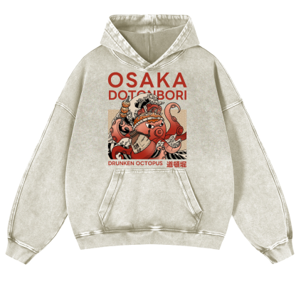 Osaka Dotonbori Drunken Octopus Vintage Washed Thick Cotton Hoodie