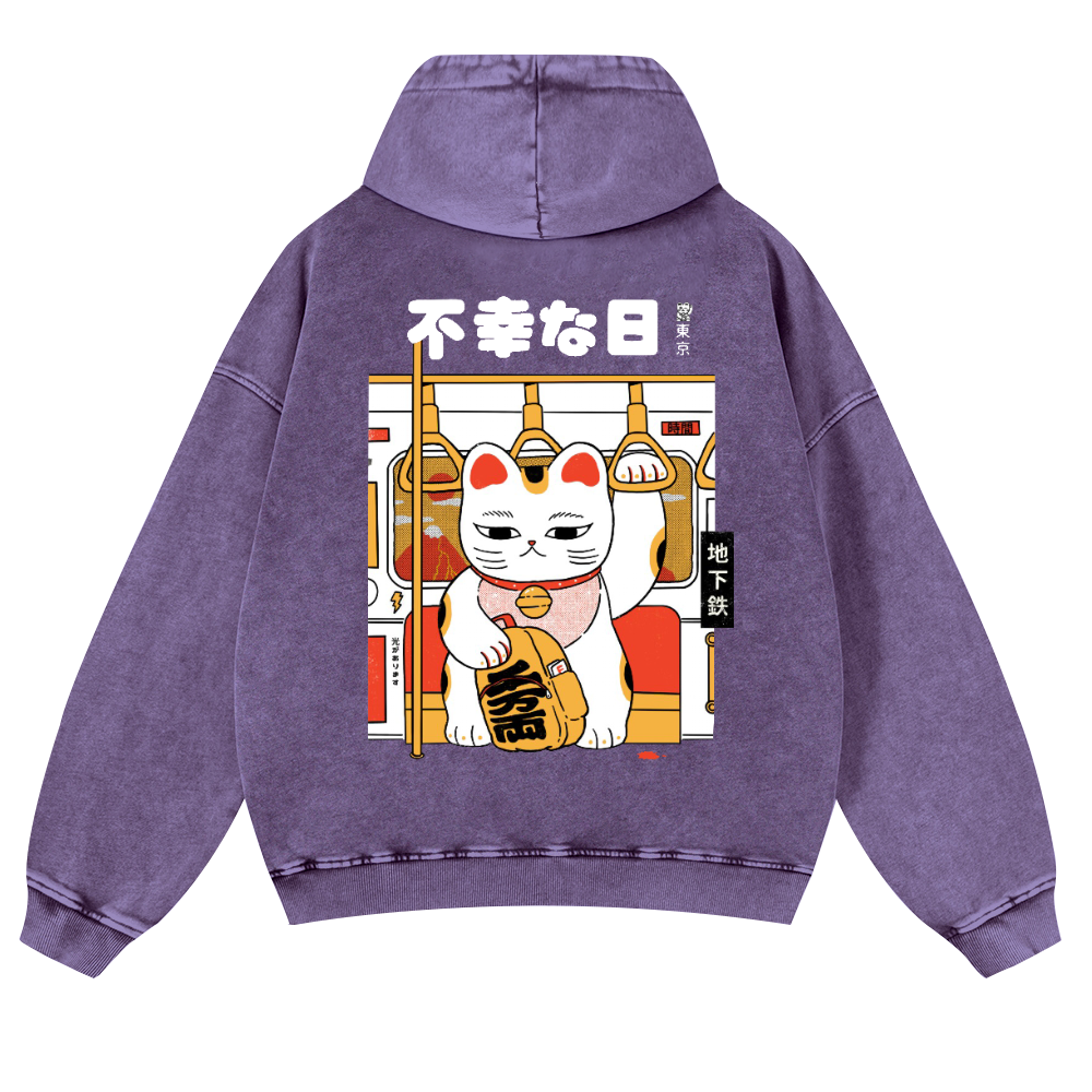 Cat Vintage Washed Cotton Back Art Hoodie