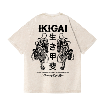 Ikigai Tiger Vintage Wash Japanese Design Back Art T-Shirt