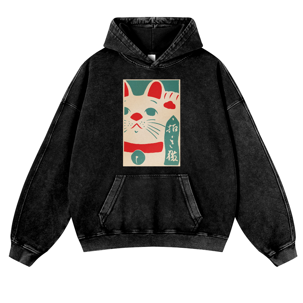 Lucky Cat Vintage Washed Thick Cotton Hoodie