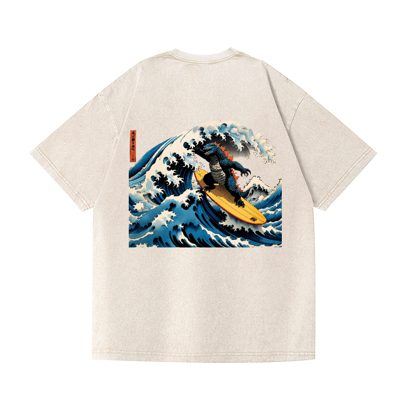 Surfing Godzilla Vintage Wash Japanese Design Back Art T-Shirt