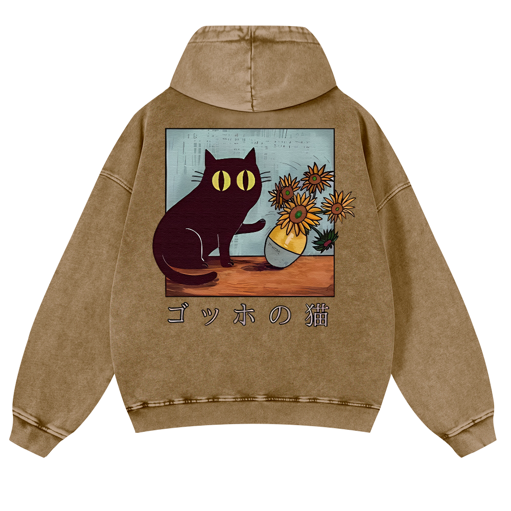 Cat Vintage Washed Cotton Back Art Hoodie